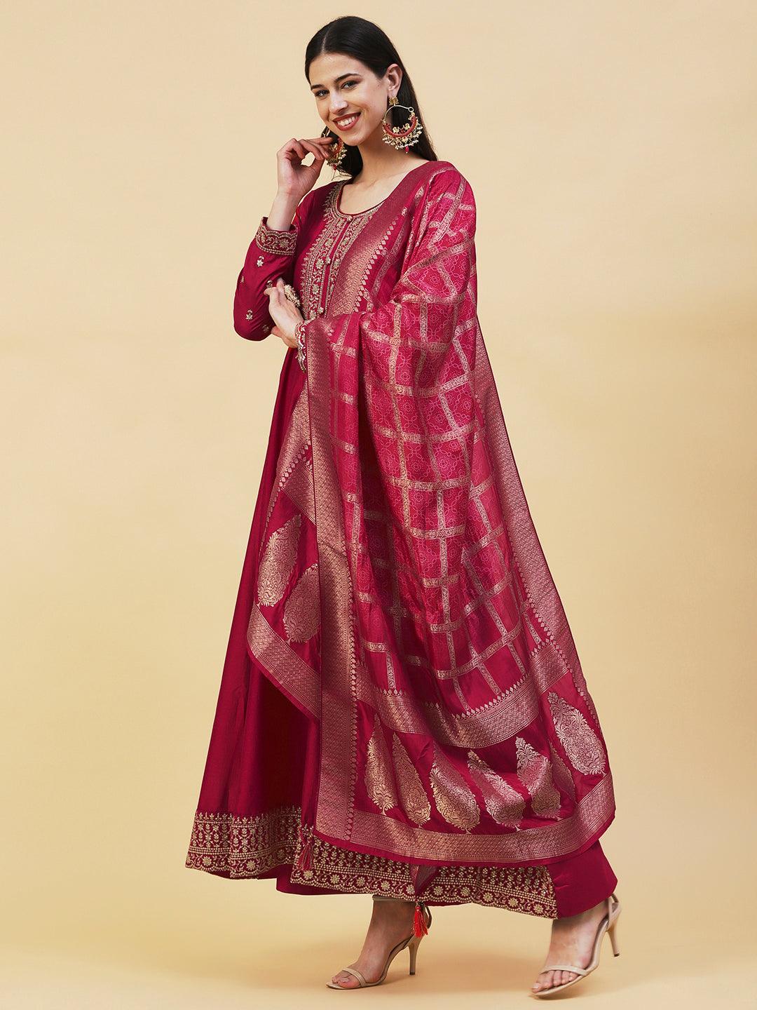 Solid Ethnic Embroidered A- Line Anarkali Maxi Dress with Dupatta - Cherry Red - Indiakreations