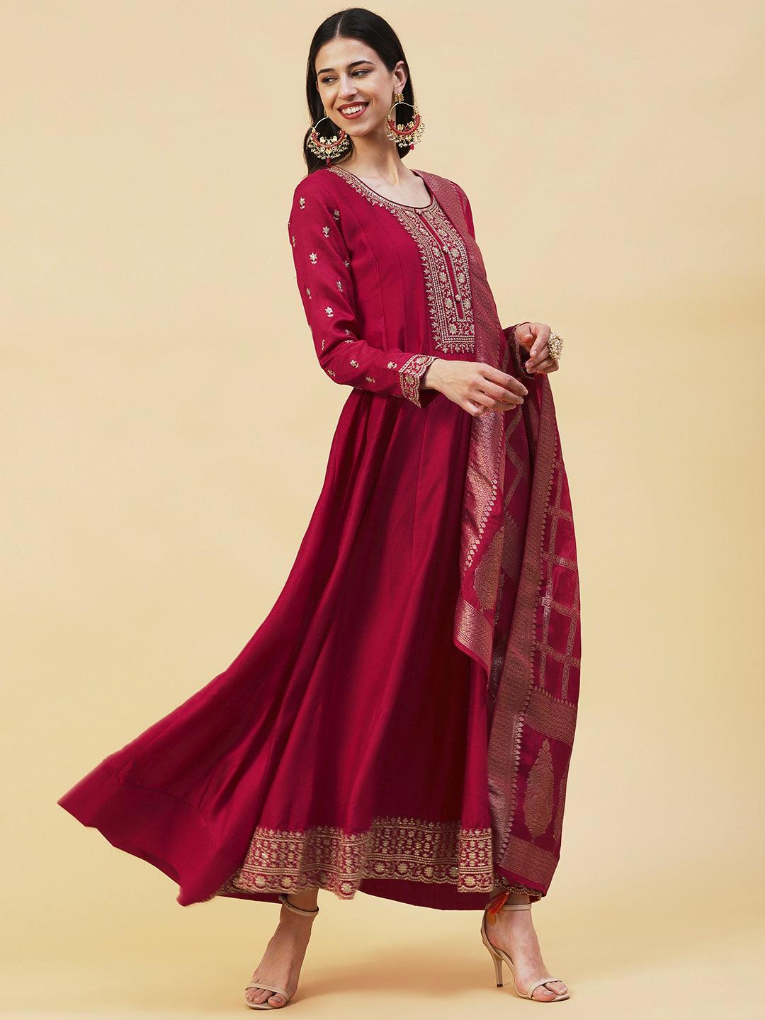 Solid Ethnic Embroidered A- Line Anarkali Maxi Dress with Dupatta - Cherry Red - Indiakreations