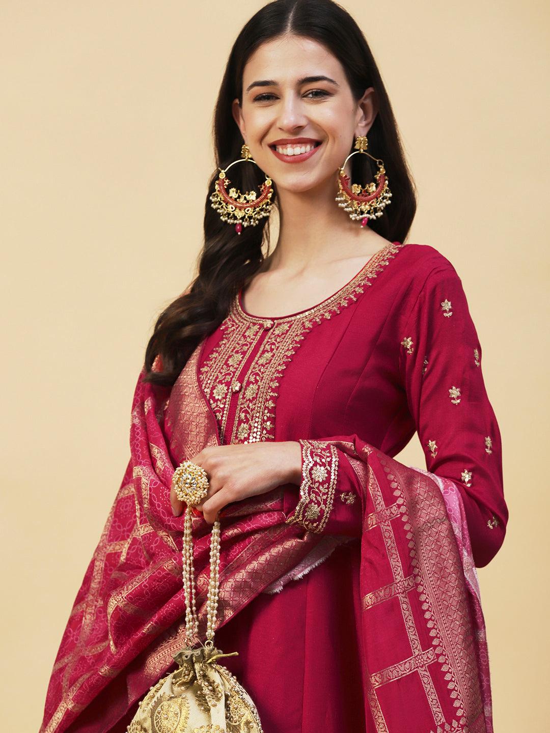 Solid Ethnic Embroidered A- Line Anarkali Maxi Dress with Dupatta - Cherry Red - Indiakreations