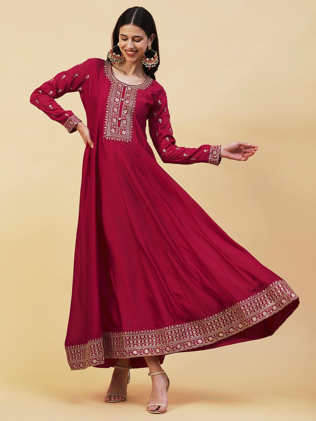 Solid Ethnic Embroidered A- Line Anarkali Maxi Dress with Dupatta - Cherry Red - Indiakreations