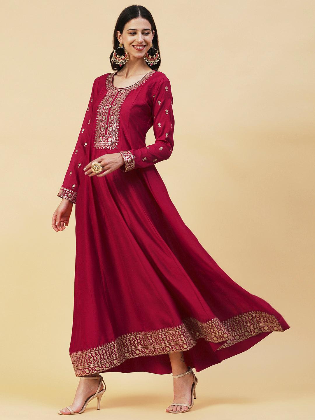 Solid Ethnic Embroidered A- Line Anarkali Maxi Dress with Dupatta - Cherry Red - Indiakreations