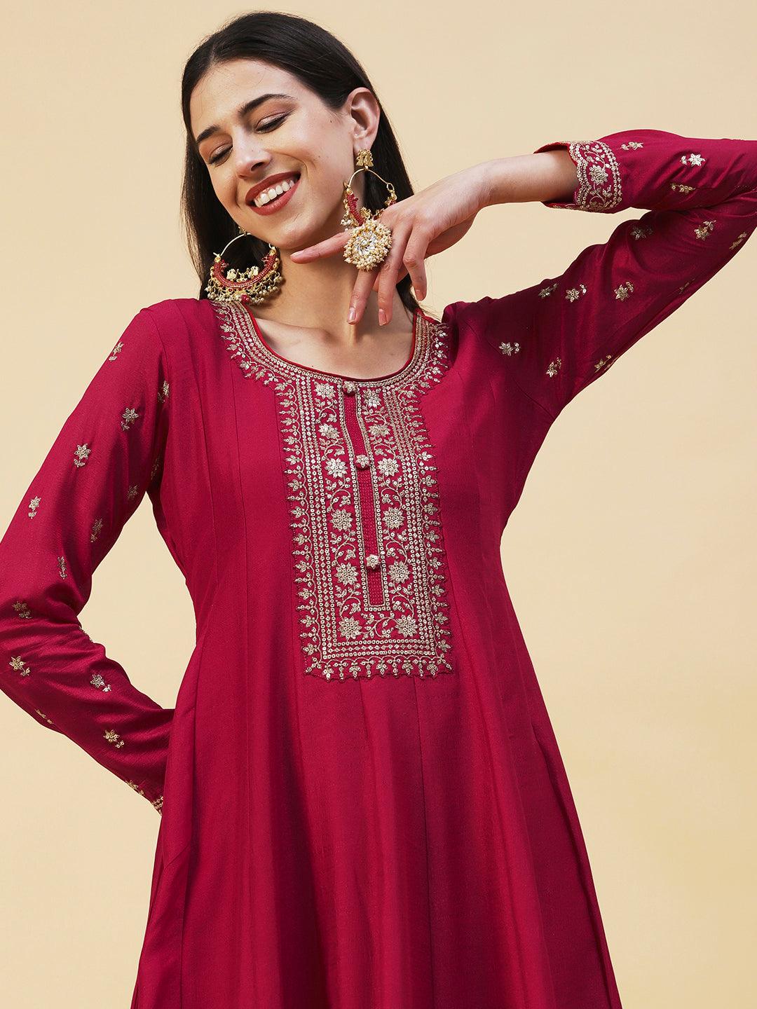 Solid Ethnic Embroidered A- Line Anarkali Maxi Dress with Dupatta - Cherry Red - Indiakreations