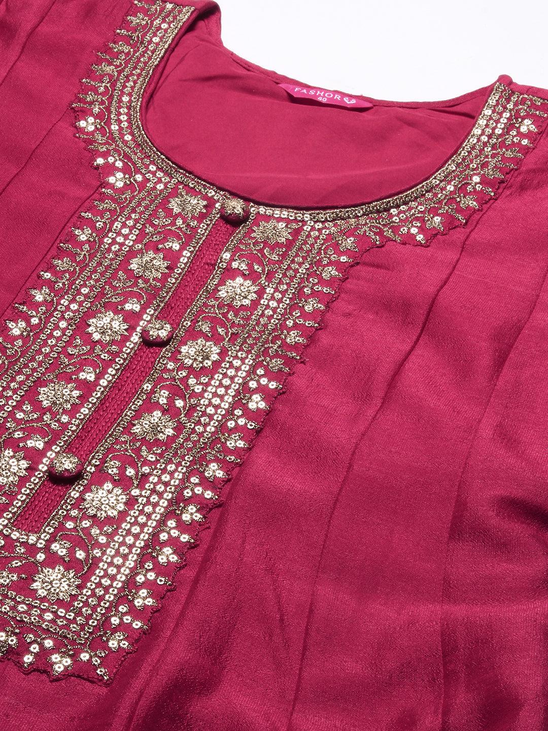 Solid Ethnic Embroidered A- Line Anarkali Maxi Dress with Dupatta - Cherry Red - Indiakreations