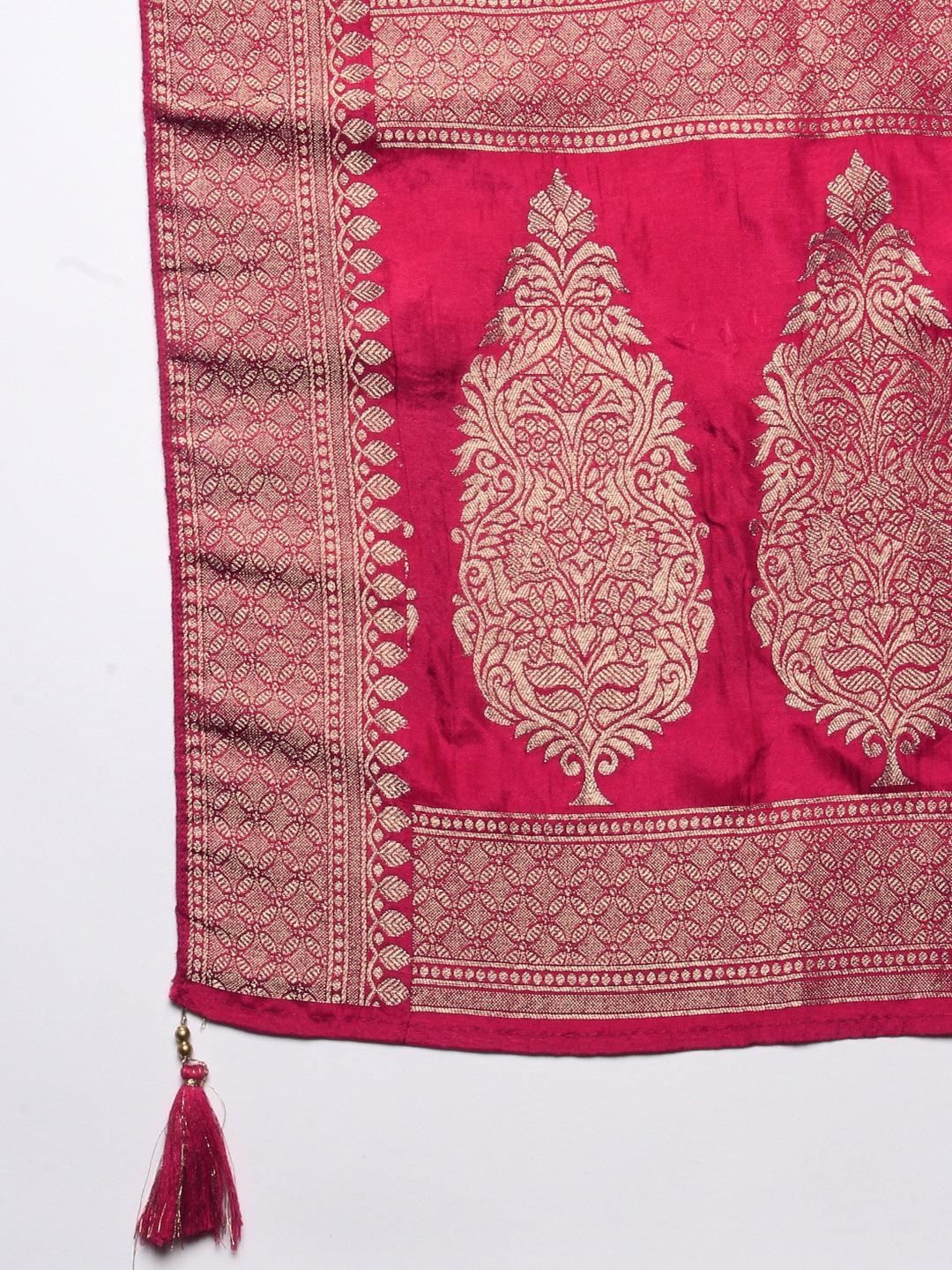 Solid Ethnic Embroidered A- Line Anarkali Maxi Dress with Dupatta - Cherry Red - Indiakreations