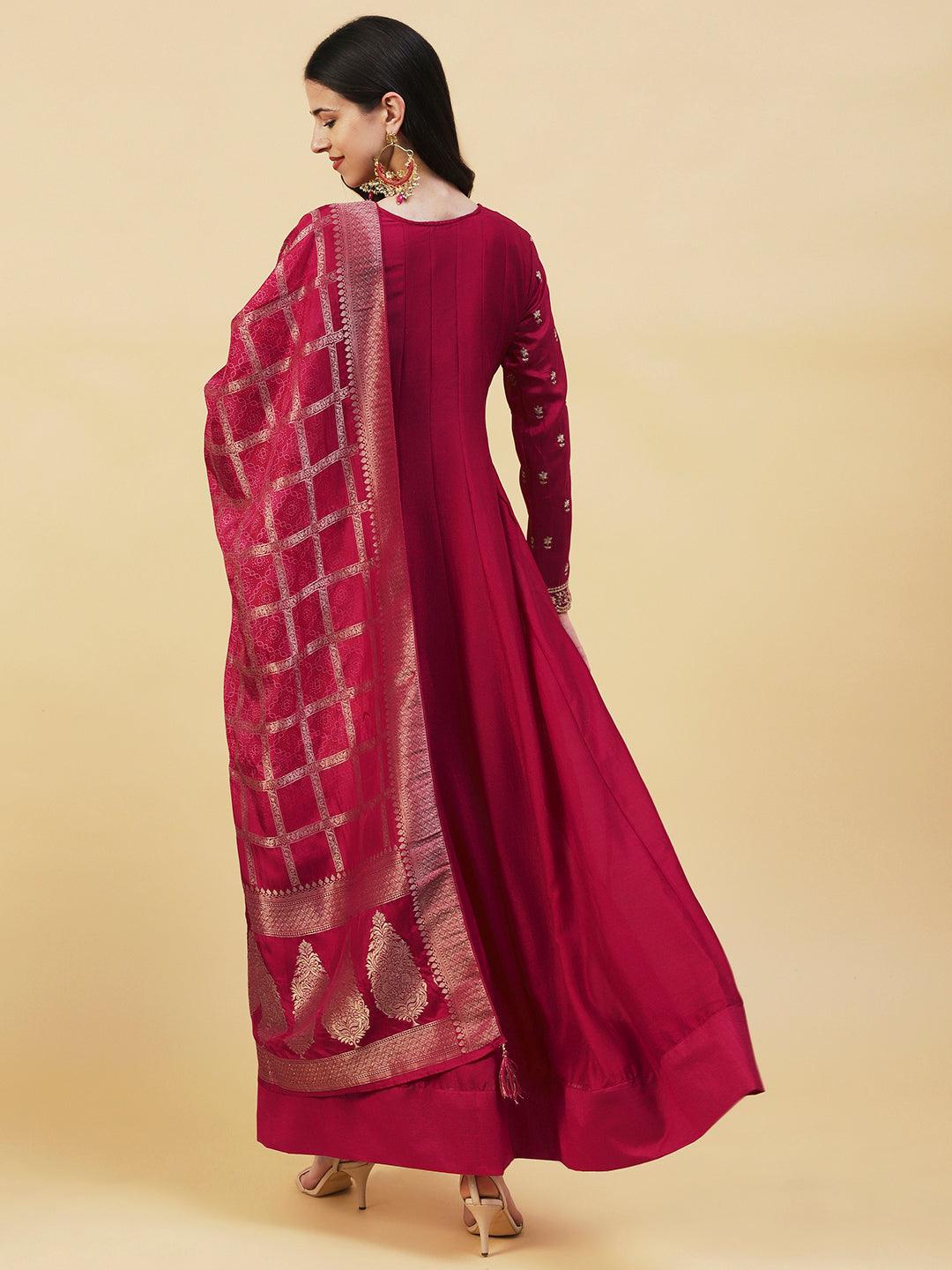 Solid Ethnic Embroidered A- Line Anarkali Maxi Dress with Dupatta - Cherry Red - Indiakreations