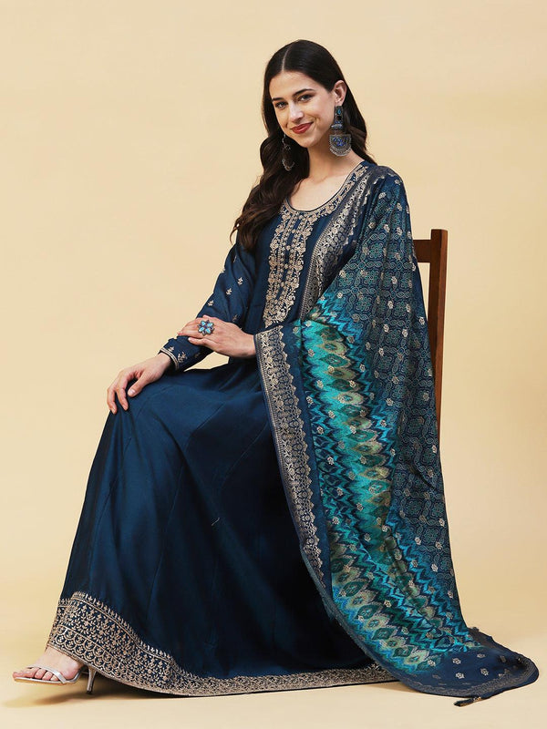 Solid Ethnic Embroidered A- Line Anarkali Maxi Dress with Dupatta - Teal Blue - Indiakreations