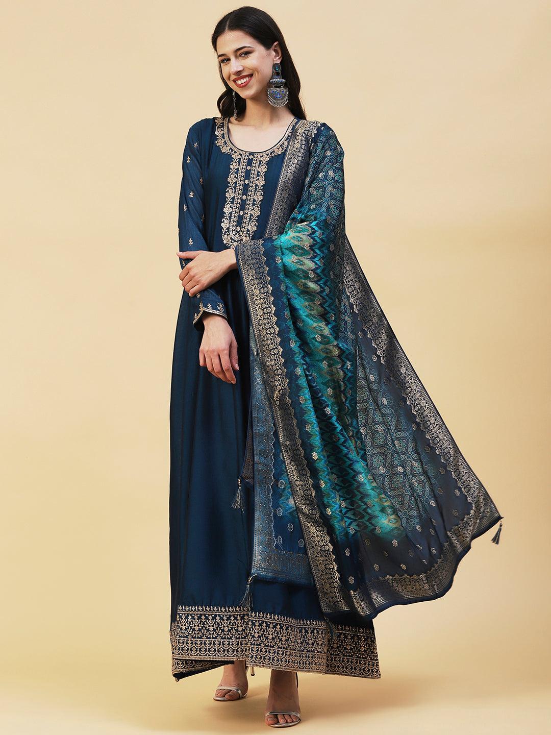 Solid Ethnic Embroidered A- Line Anarkali Maxi Dress with Dupatta - Teal Blue - Indiakreations