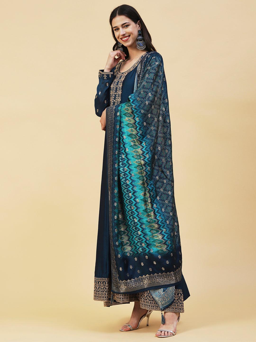 Solid Ethnic Embroidered A- Line Anarkali Maxi Dress with Dupatta - Teal Blue - Indiakreations