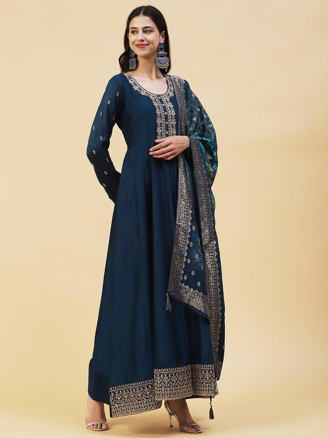 Solid Ethnic Embroidered A- Line Anarkali Maxi Dress with Dupatta - Teal Blue - Indiakreations