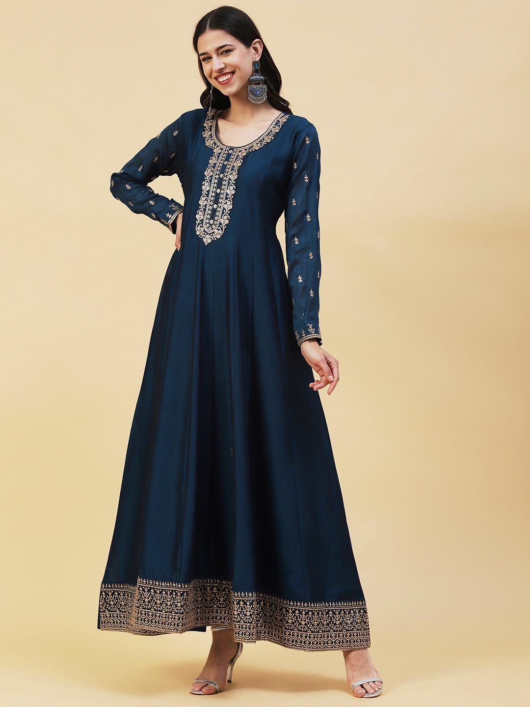 Solid Ethnic Embroidered A- Line Anarkali Maxi Dress with Dupatta - Teal Blue - Indiakreations