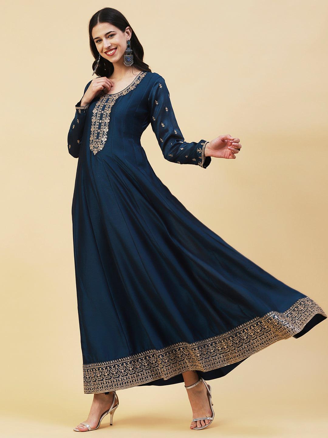 Solid Ethnic Embroidered A- Line Anarkali Maxi Dress with Dupatta - Teal Blue - Indiakreations