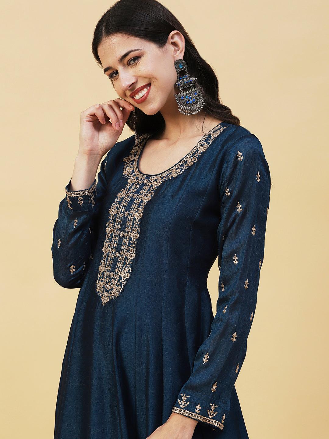 Solid Ethnic Embroidered A- Line Anarkali Maxi Dress with Dupatta - Teal Blue - Indiakreations