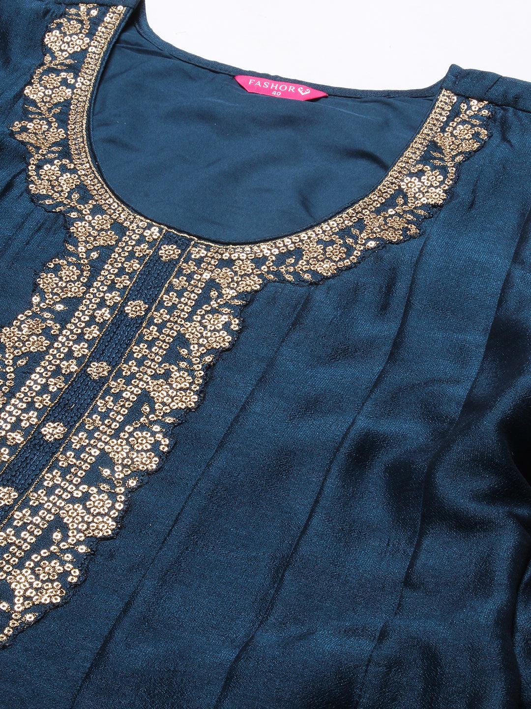 Solid Ethnic Embroidered A- Line Anarkali Maxi Dress with Dupatta - Teal Blue - Indiakreations