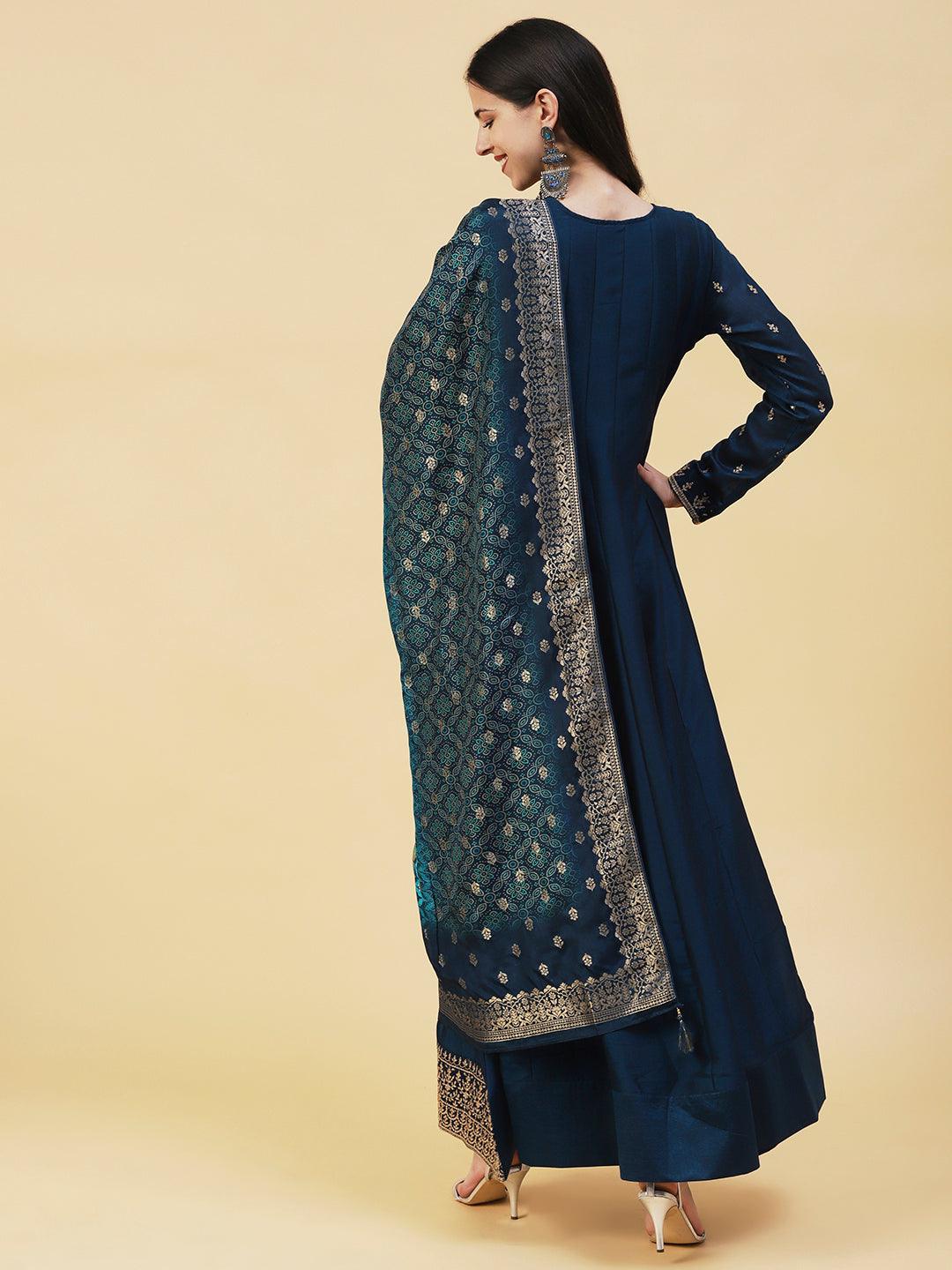 Solid Ethnic Embroidered A- Line Anarkali Maxi Dress with Dupatta - Teal Blue - Indiakreations