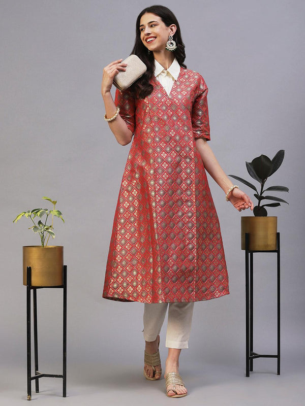 Ethnic Patola Brocade A-Line Midi Dress with Shirt - Coral - Indiakreations