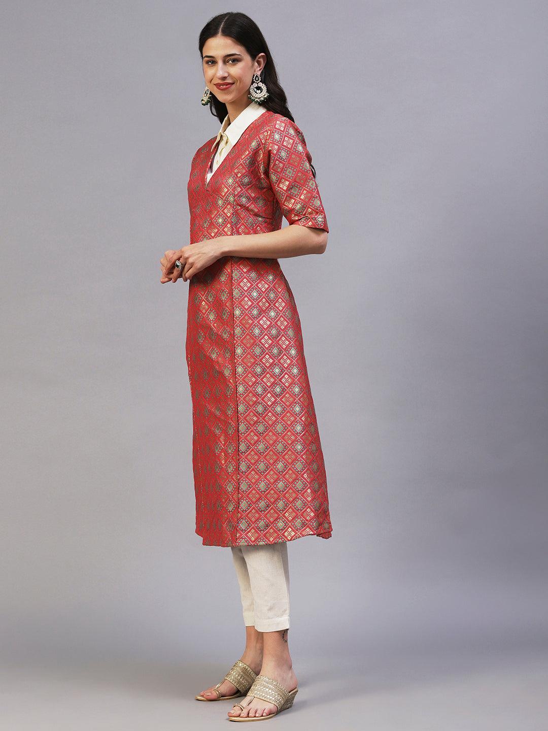 Ethnic Patola Brocade A-Line Midi Dress with Shirt - Coral - Indiakreations