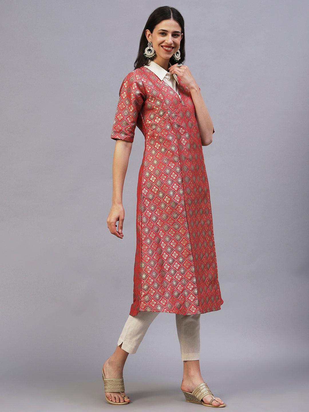 Ethnic Patola Brocade A-Line Midi Dress with Shirt - Coral - Indiakreations