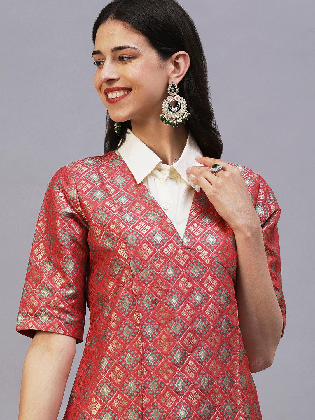 Ethnic Patola Brocade A-Line Midi Dress with Shirt - Coral - Indiakreations