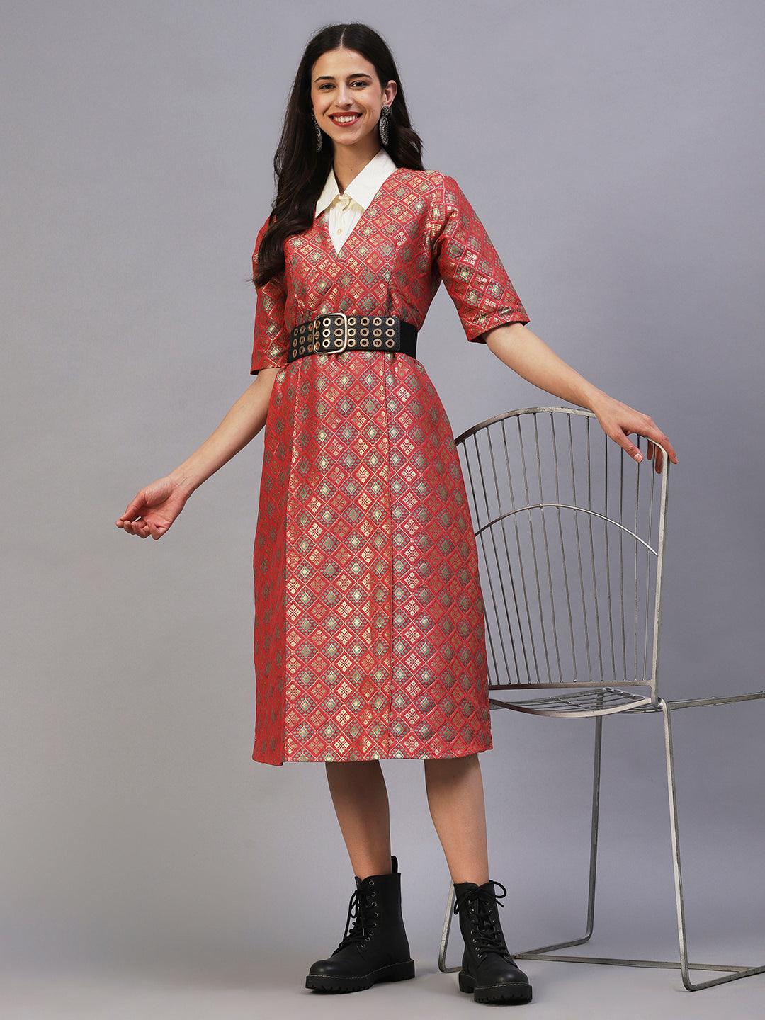 Ethnic Patola Brocade A-Line Midi Dress with Shirt - Coral - Indiakreations