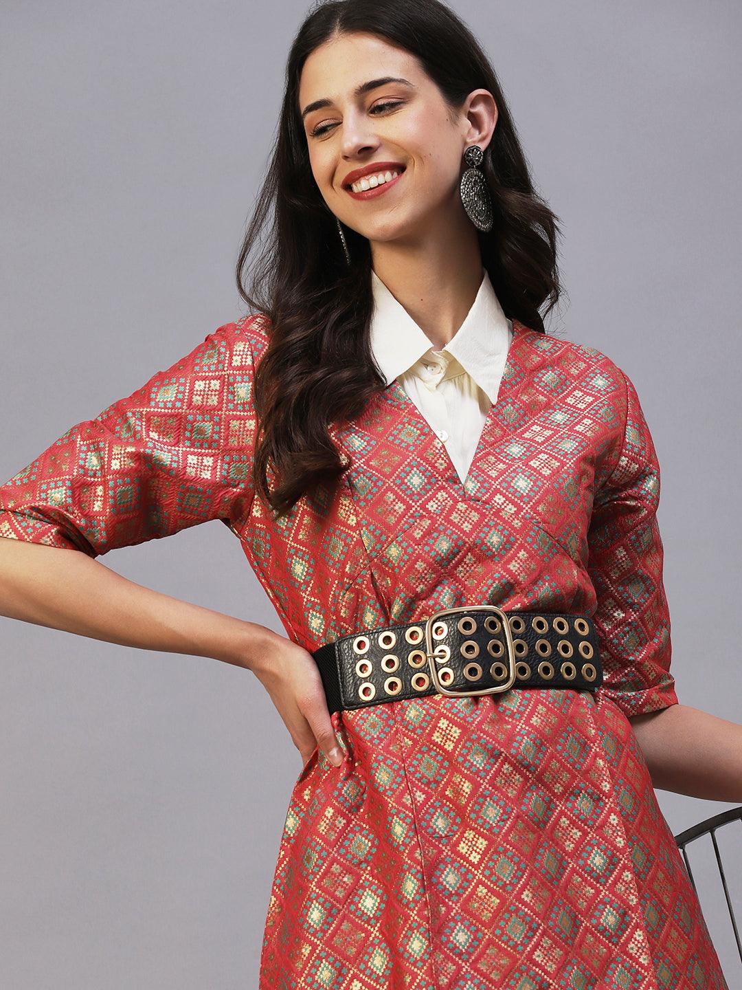 Ethnic Patola Brocade A-Line Midi Dress with Shirt - Coral - Indiakreations