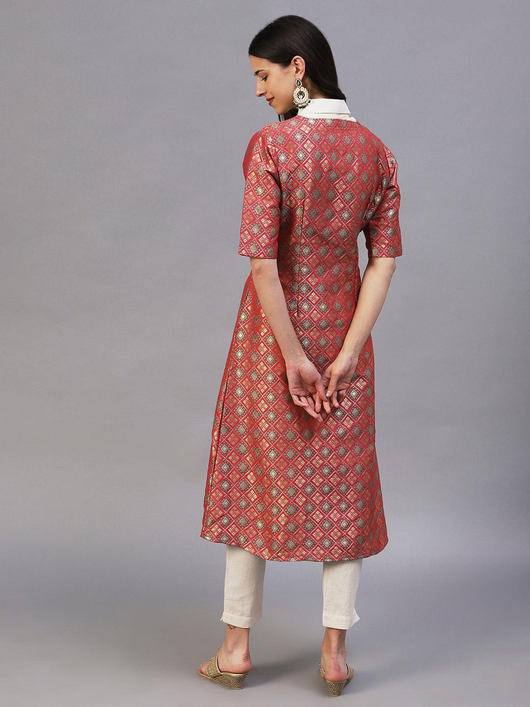 Ethnic Patola Brocade A-Line Midi Dress with Shirt - Coral - Indiakreations