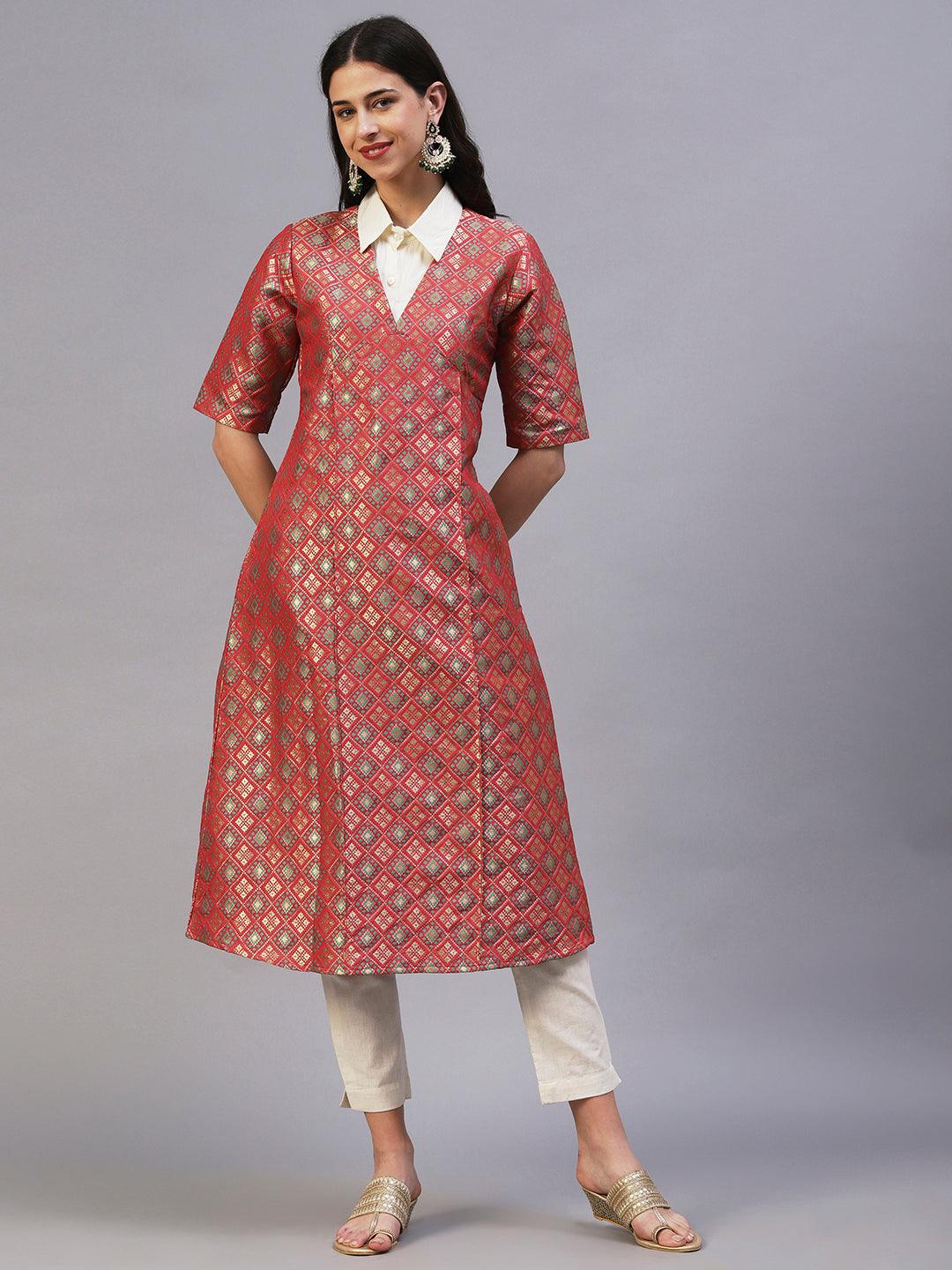 Ethnic Patola Brocade A-Line Midi Dress with Shirt - Coral - Indiakreations