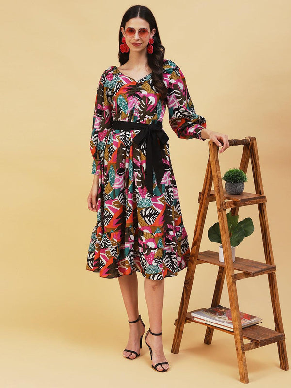 Abstract Tropical Printed Fit & Flare Midi Dress - Multi - Indiakreations