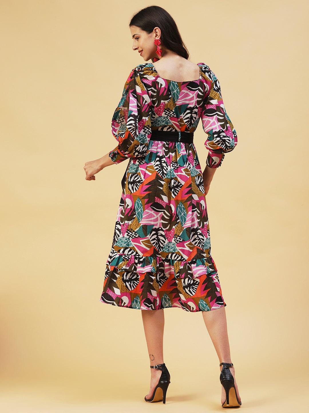 Abstract Tropical Printed Fit & Flare Midi Dress - Multi - Indiakreations