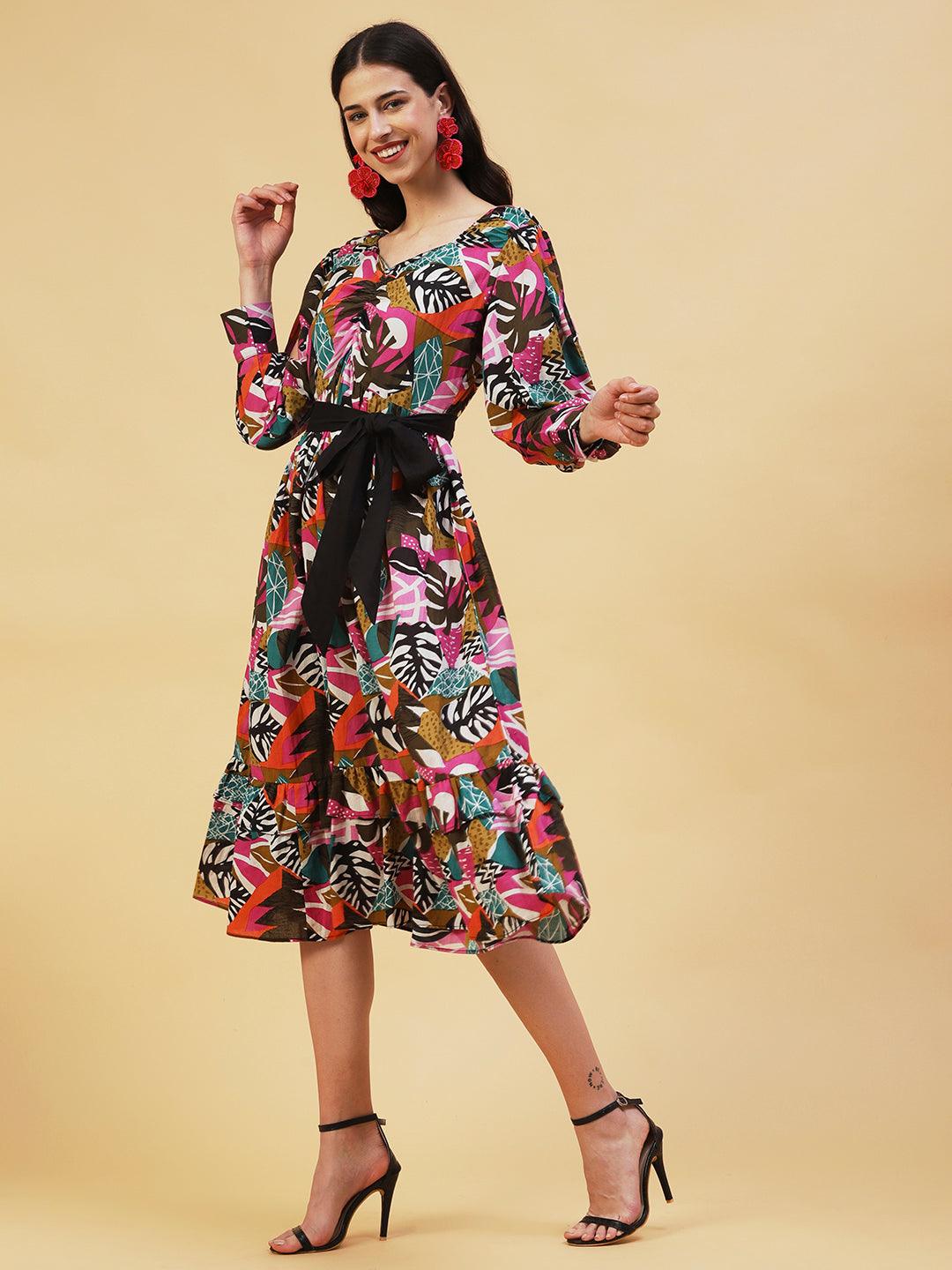 Abstract Tropical Printed Fit & Flare Midi Dress - Multi - Indiakreations