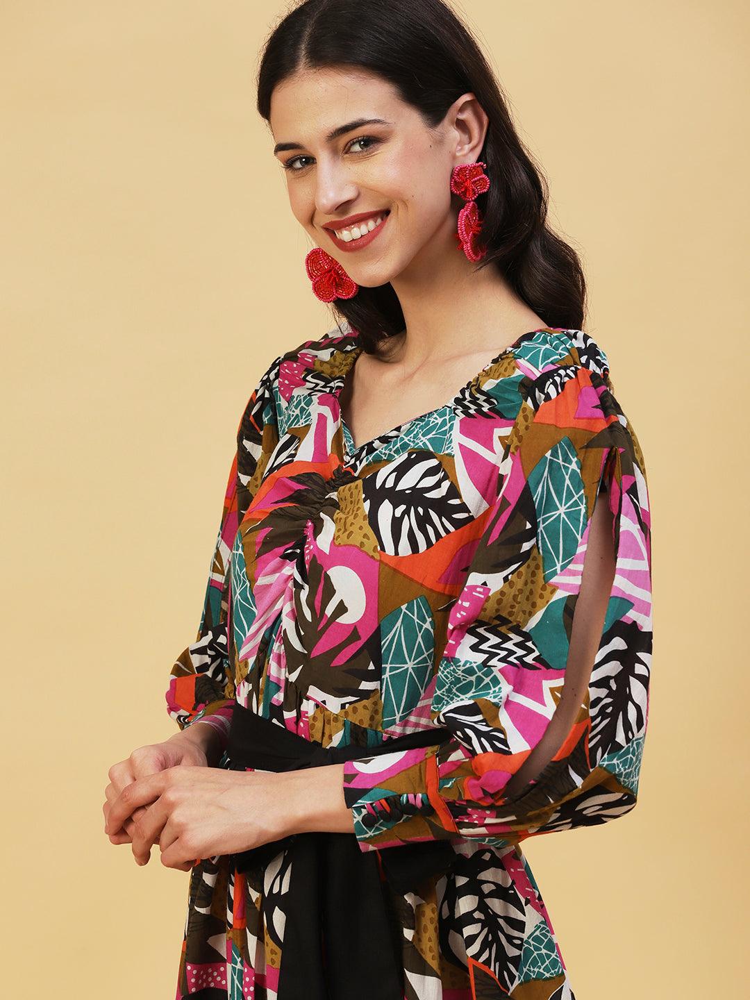 Abstract Tropical Printed Fit & Flare Midi Dress - Multi - Indiakreations