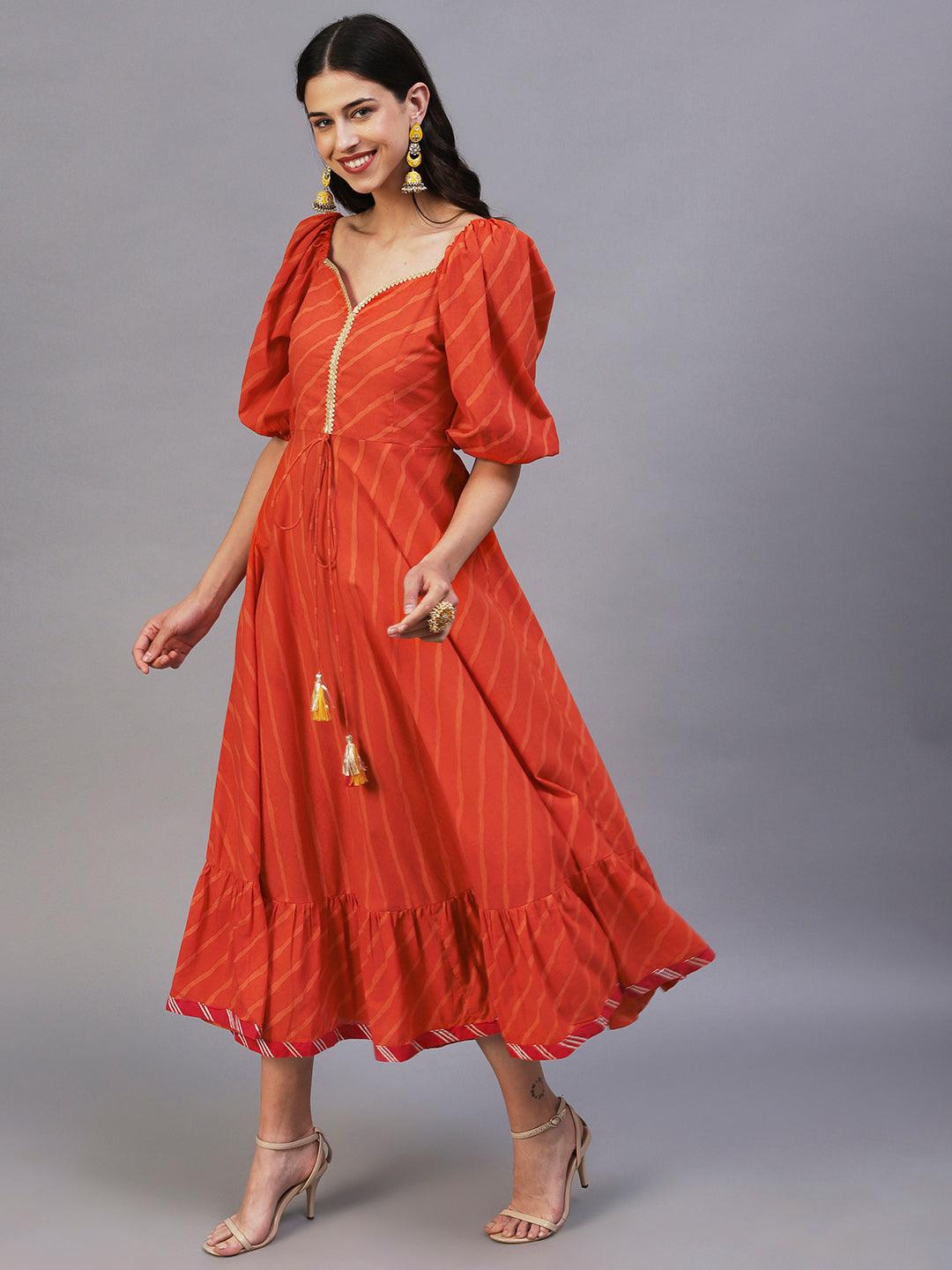 Leheriya Printed Fit & Flare Maxi Dress - Orange - Indiakreations