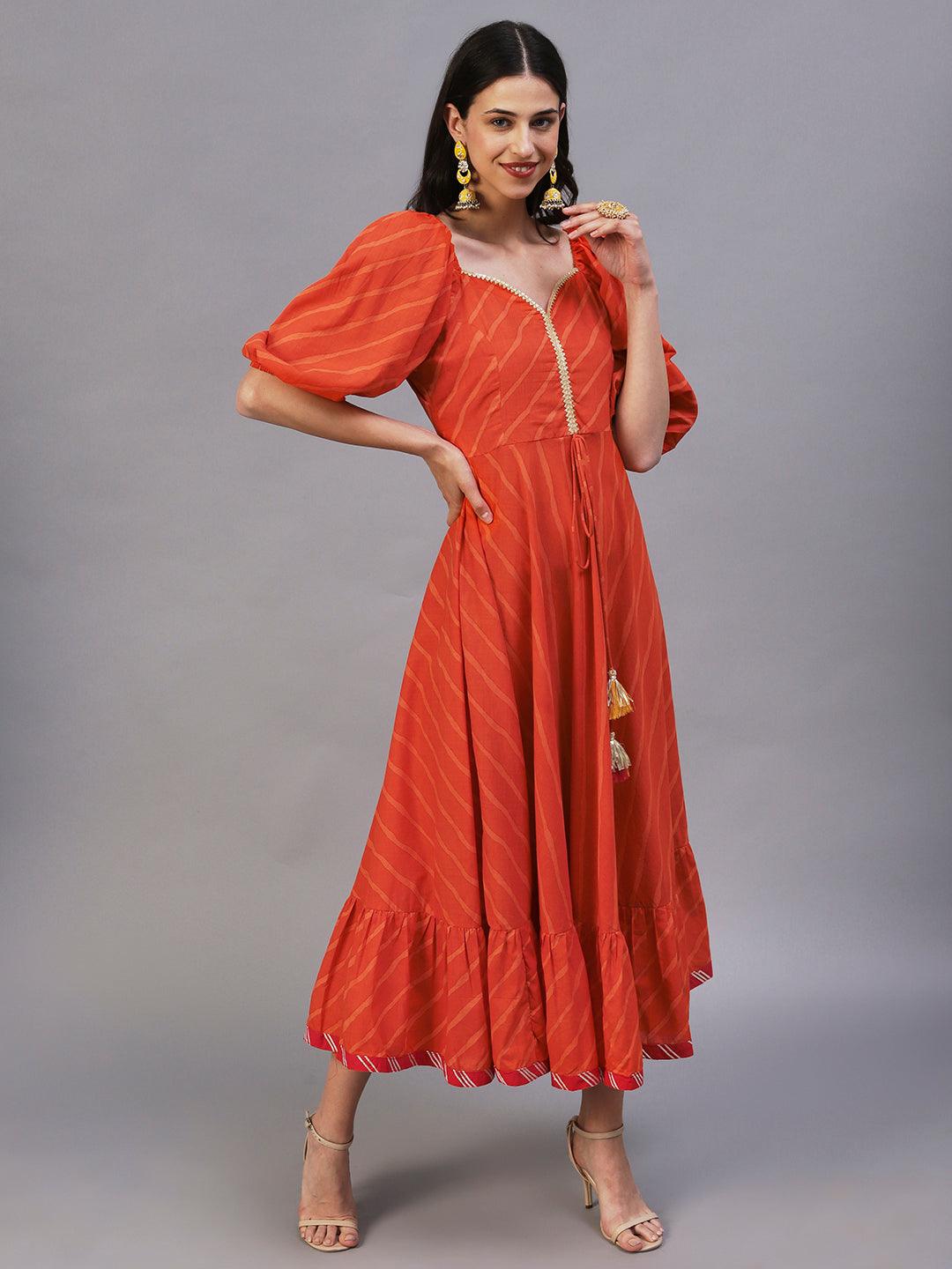 Leheriya Printed Fit & Flare Maxi Dress - Orange - Indiakreations