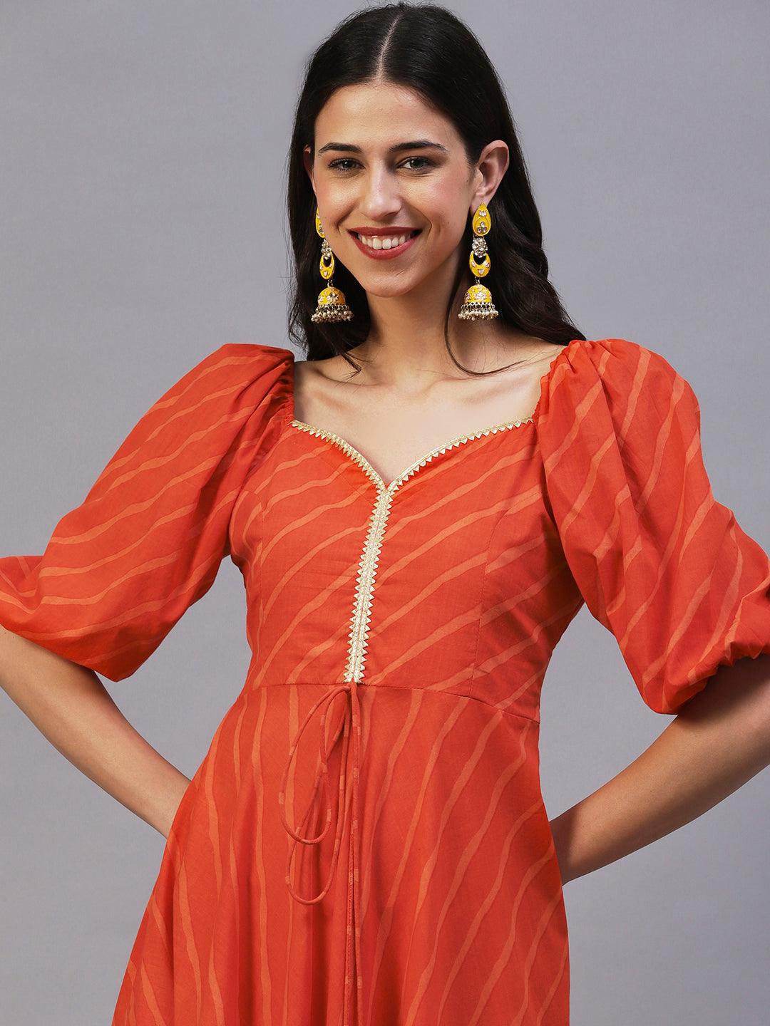 Leheriya Printed Fit & Flare Maxi Dress - Orange - Indiakreations