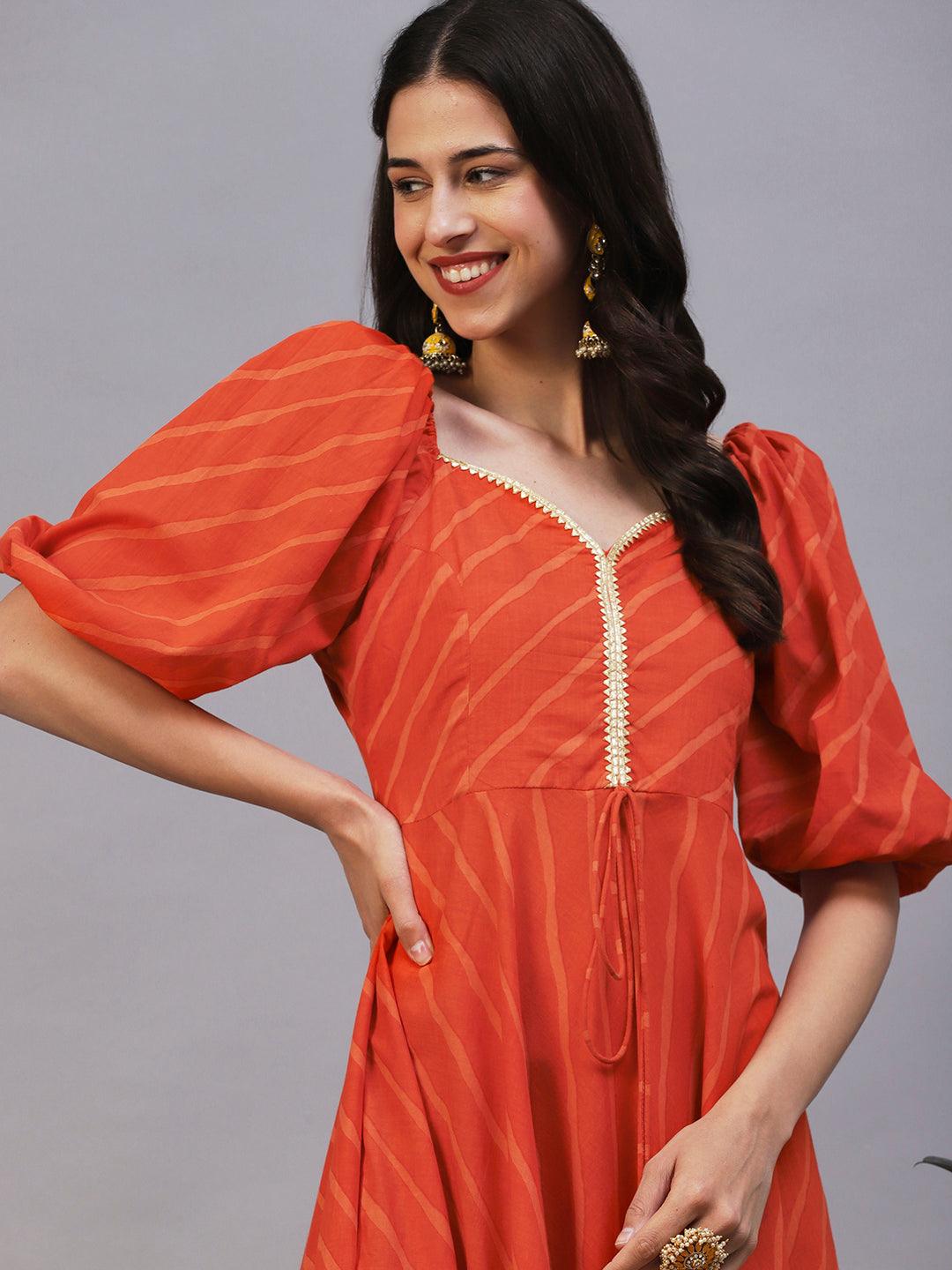 Leheriya Printed Fit & Flare Maxi Dress - Orange - Indiakreations