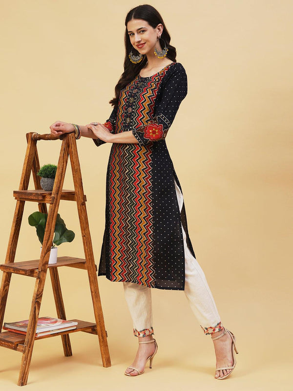 Ethnic Chevron Printed Straight Fit Kurta - Navy Blue - Indiakreations