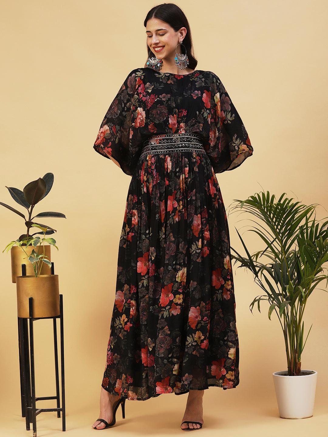 Floral Printed & Hand Embroidered Fit & Flare Maxi Dress - Black - Indiakreations