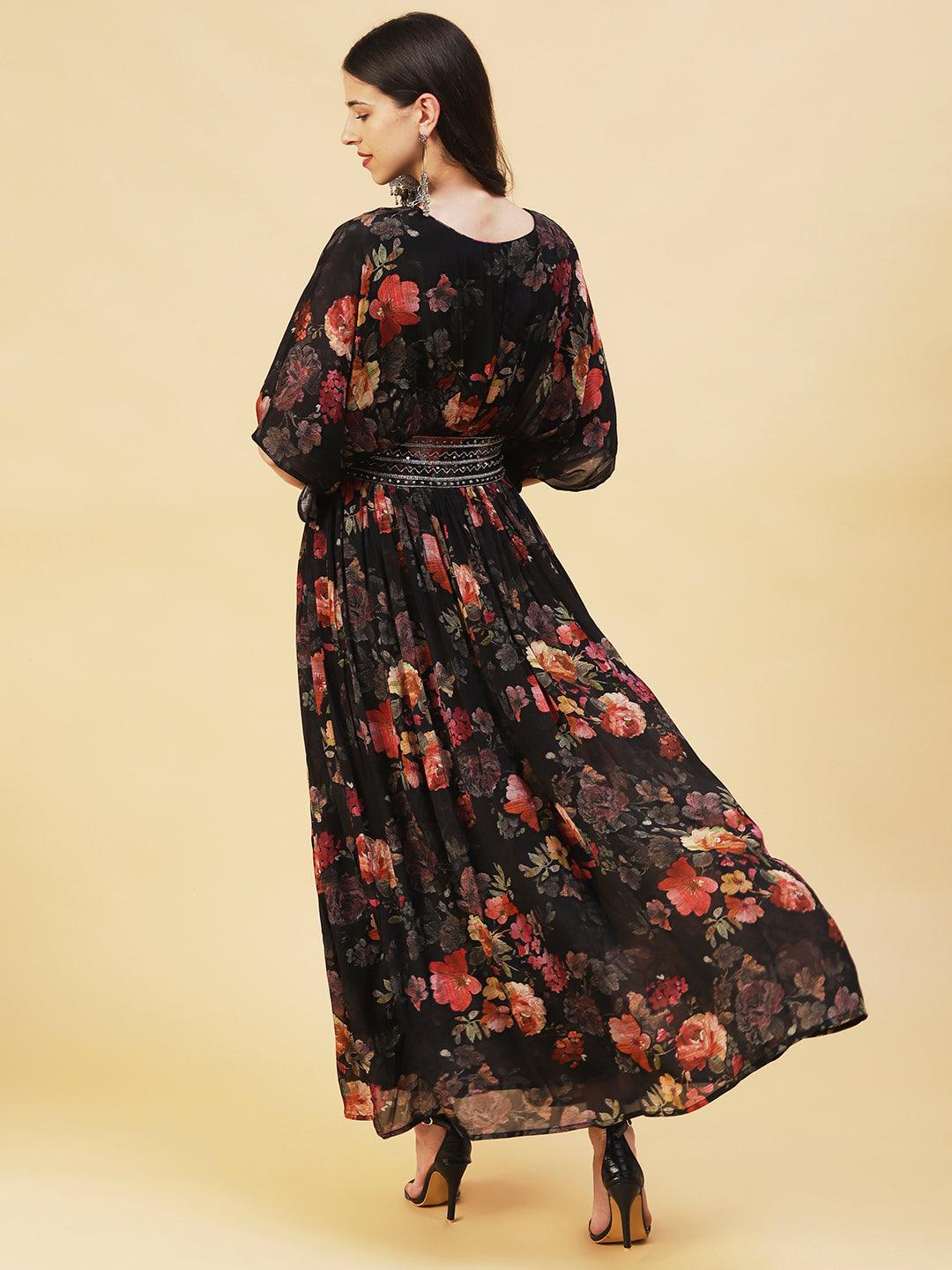 Floral Printed & Hand Embroidered Fit & Flare Maxi Dress - Black - Indiakreations