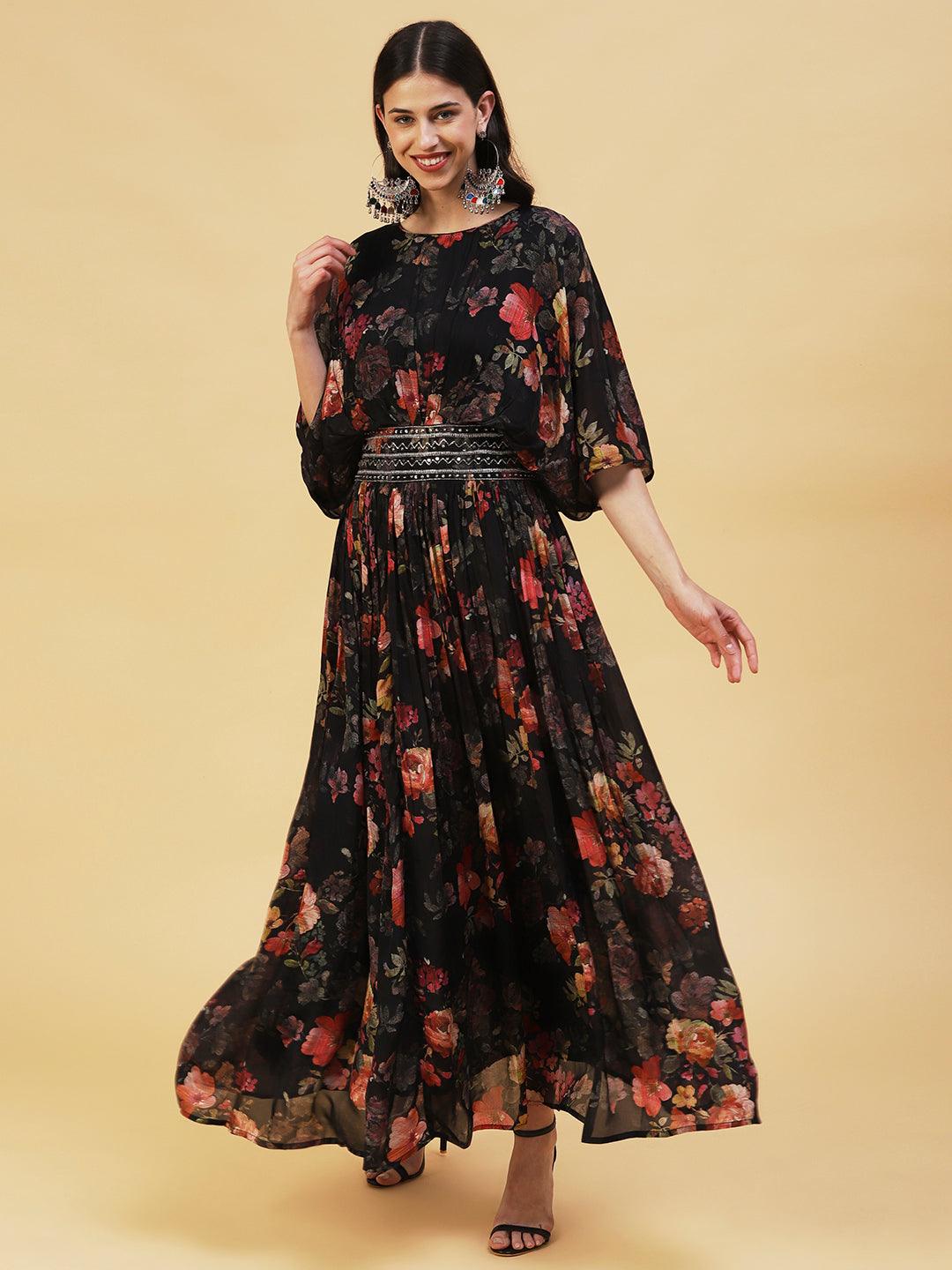 Floral Printed & Hand Embroidered Fit & Flare Maxi Dress - Black - Indiakreations