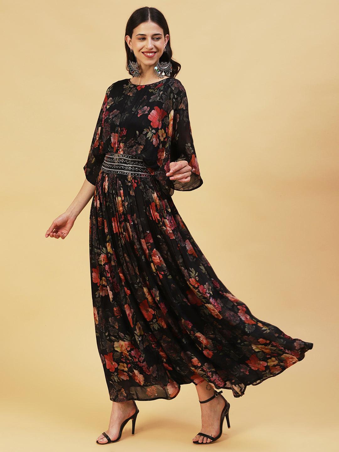 Floral Printed & Hand Embroidered Fit & Flare Maxi Dress - Black - Indiakreations