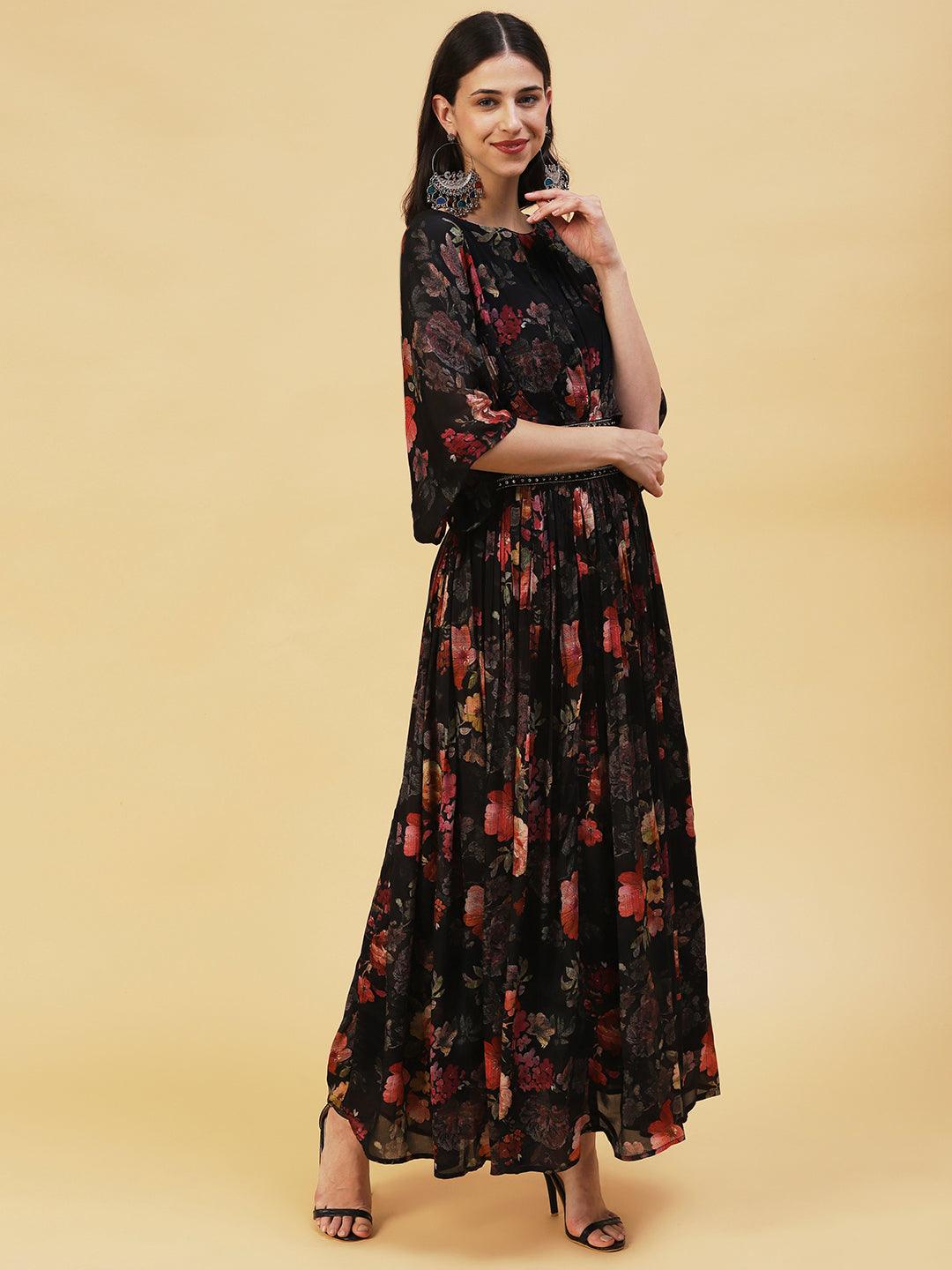 Floral Printed & Hand Embroidered Fit & Flare Maxi Dress - Black - Indiakreations