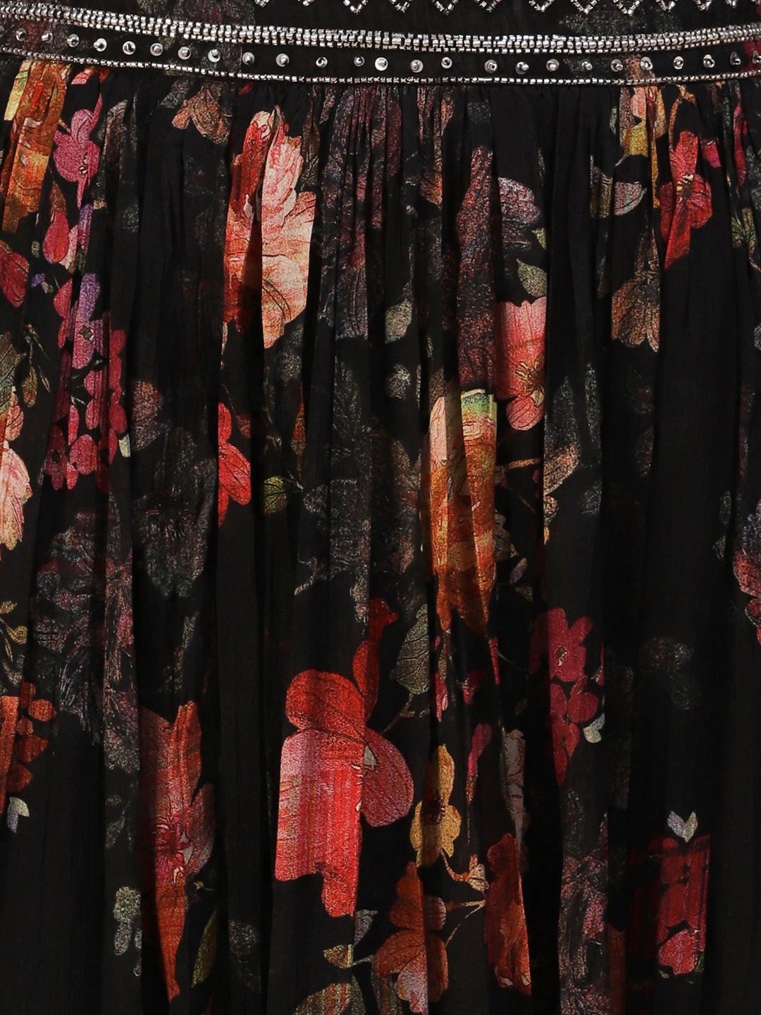 Floral Printed & Hand Embroidered Fit & Flare Maxi Dress - Black - Indiakreations