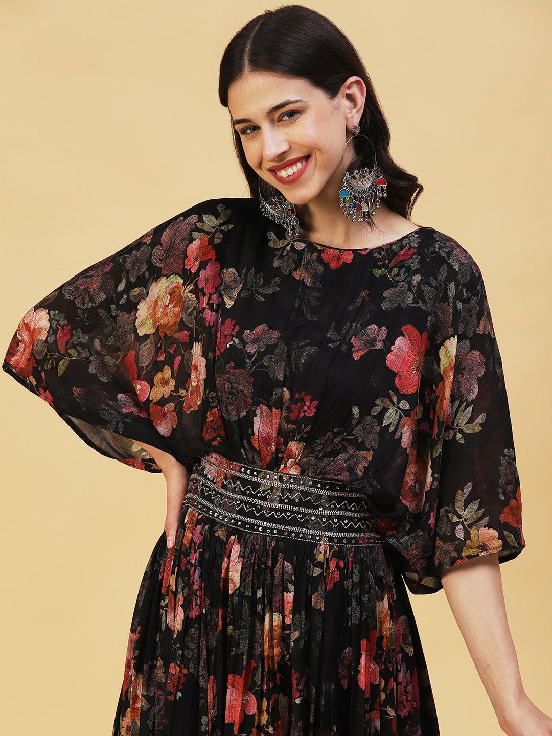 Floral Printed & Hand Embroidered Fit & Flare Maxi Dress - Black - Indiakreations