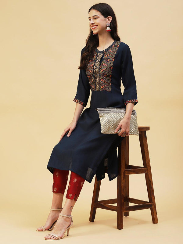 Ethnic Embroidered Straight Fit Kurta - Navy Blue - Indiakreations