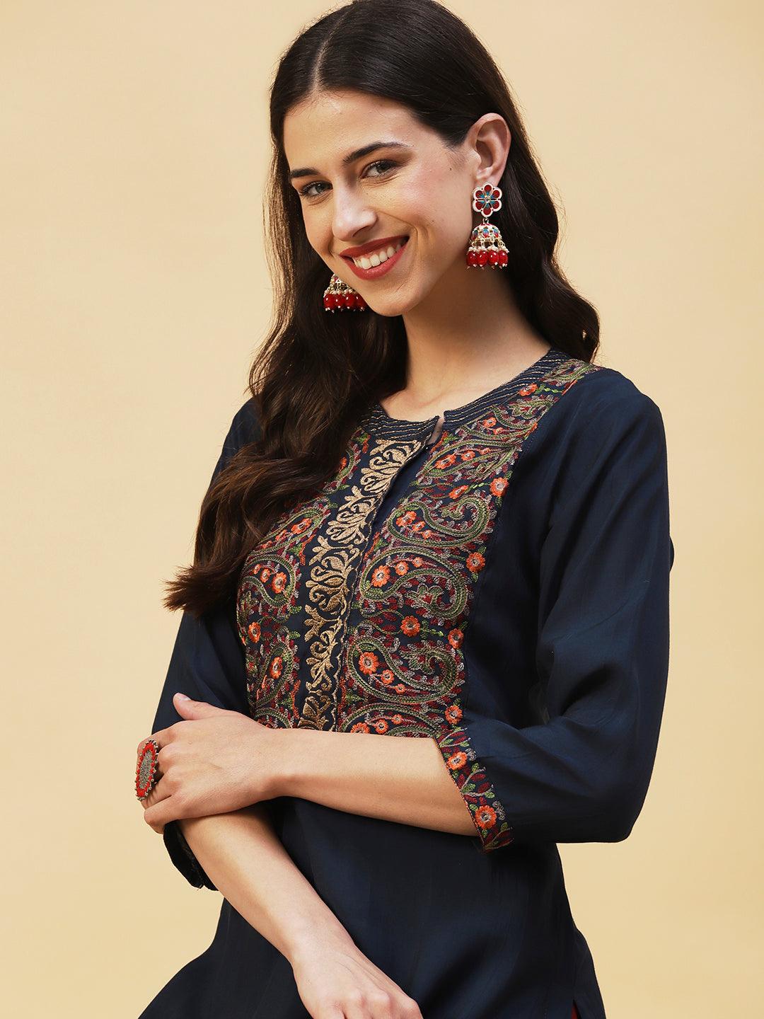 Ethnic Embroidered Straight Fit Kurta - Navy Blue - Indiakreations