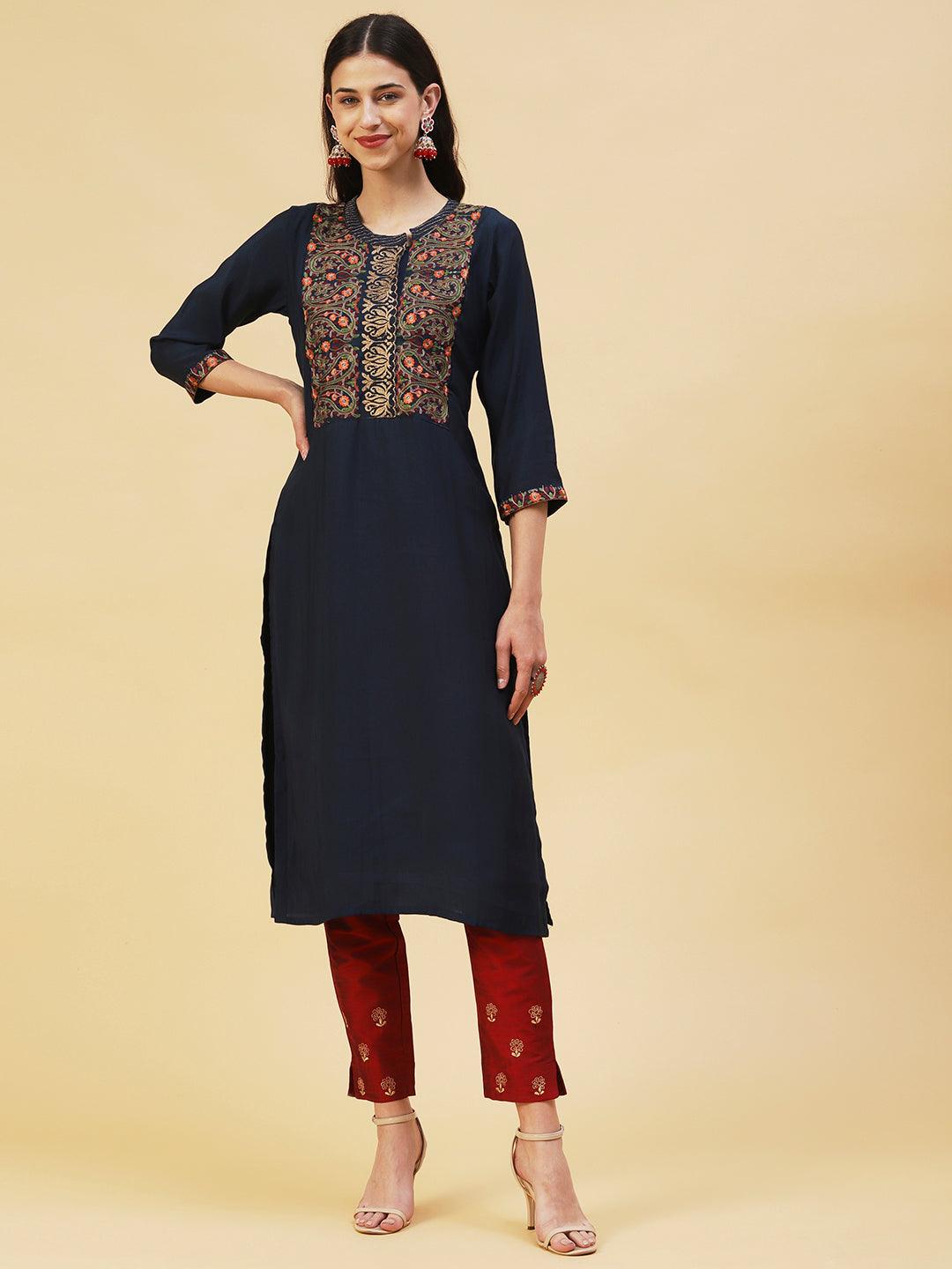 Ethnic Embroidered Straight Fit Kurta - Navy Blue - Indiakreations