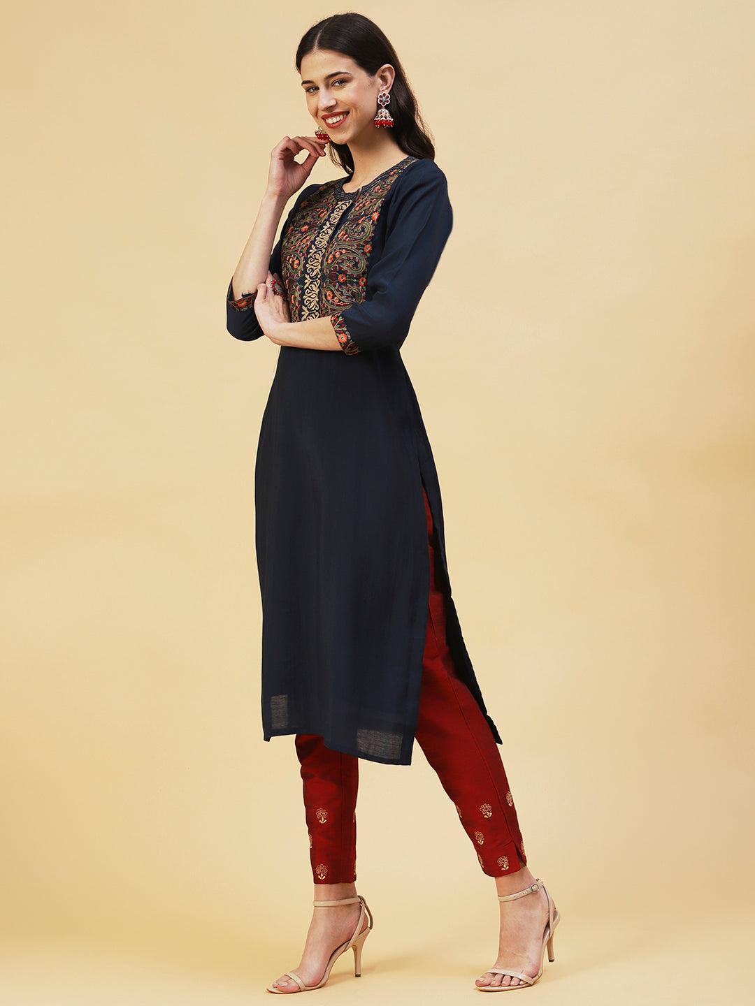 Ethnic Embroidered Straight Fit Kurta - Navy Blue - Indiakreations