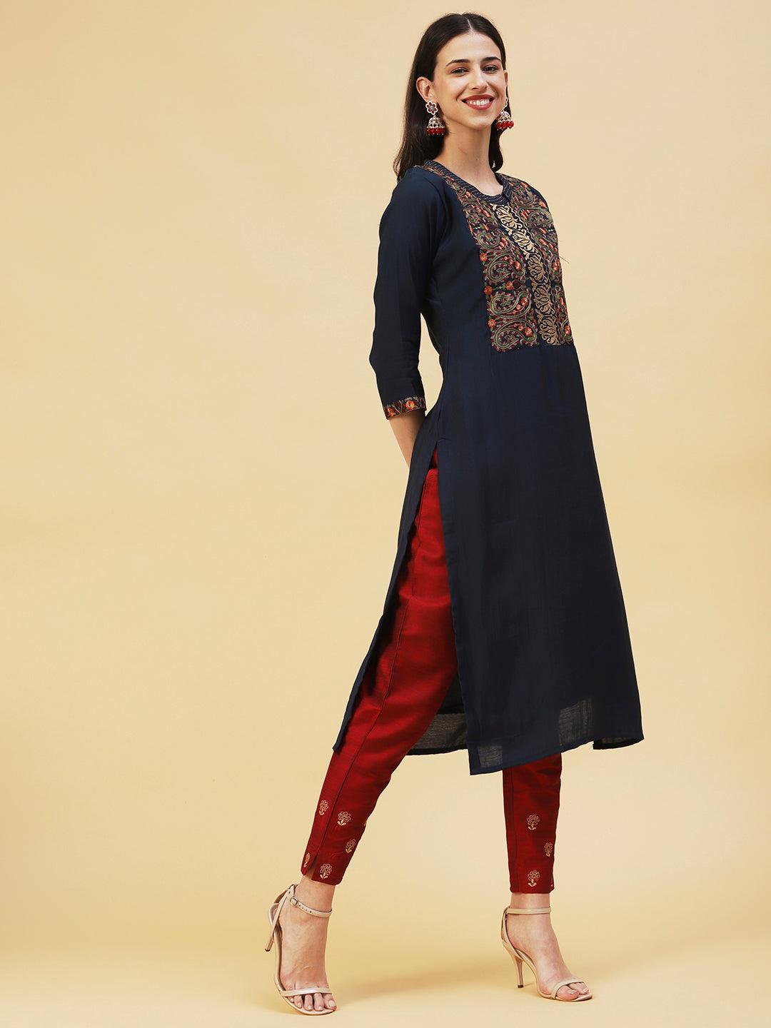 Ethnic Embroidered Straight Fit Kurta - Navy Blue - Indiakreations