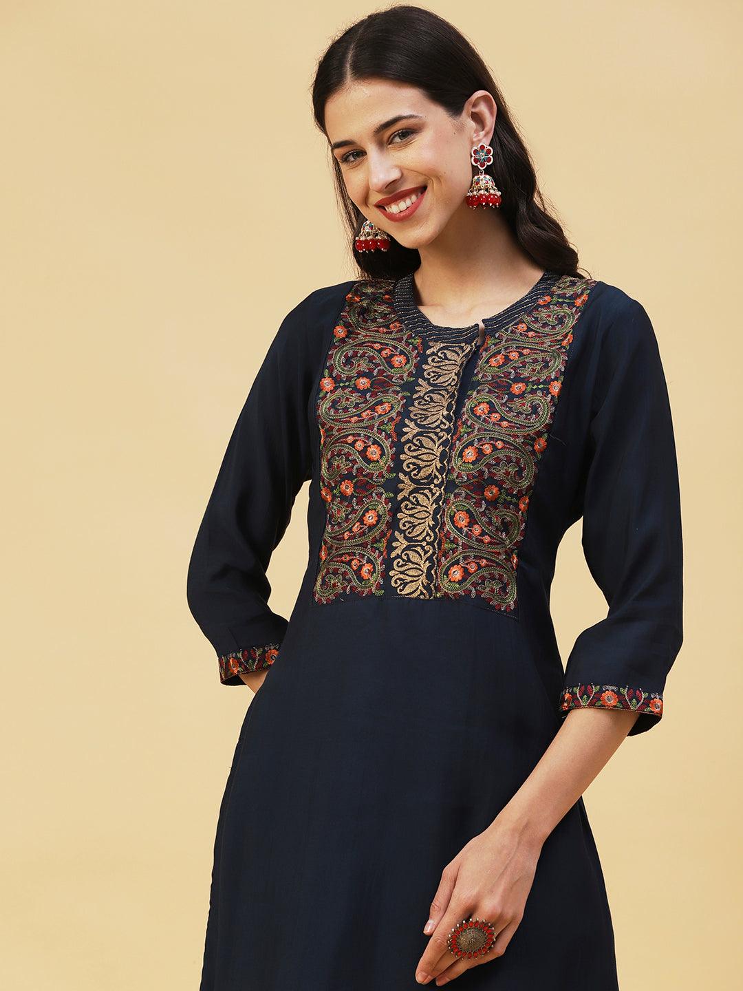 Ethnic Embroidered Straight Fit Kurta - Navy Blue - Indiakreations