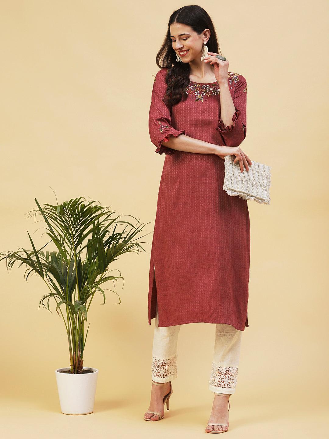 Floral Hand Embroidered Straight Fit Kurta - Brown - Indiakreations