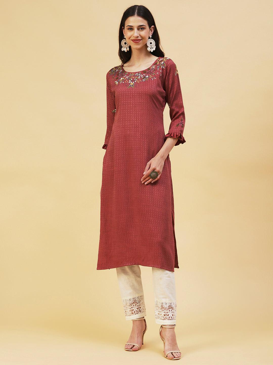 Floral Hand Embroidered Straight Fit Kurta - Brown - Indiakreations